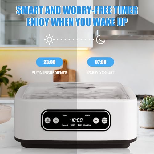 Image of Yogurt Maker, 1.7QT Greek Yogurt Machine With Adjust Temp & Timer | 1.6L Automatic Natto Maker With Stainless Steel Bowl, BPA Free, Digital Rice Wine Curd Maker for Home Kitchen