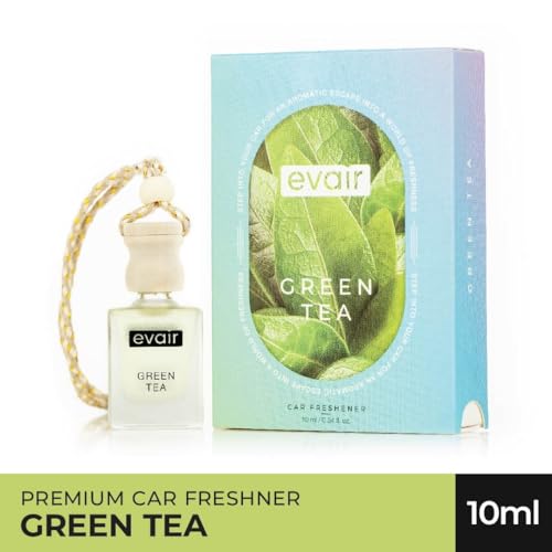 Image of Evair Green Tea Car Air Freshener | Hanging Car Perfume | Premium Car Fresheners | Car Aroma with Essential Oils| Hanging Perfume for Car in Glass Bottle with Wooden Diffuser Lid (10ml, Pack of 1)