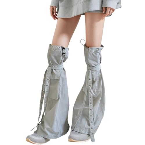 Insdark Long Goth Leg Warmers Y2k Women Flare Drawstring Punk Grunge Fashionable Emo Gothic Alt Cute Flared Strap Steampunk 80s Hippie Ice Skating Baggy Summer Legwarmers, Light Grey