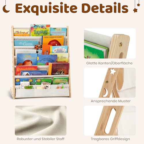 COSYLAND Bücherregal Kinder mit 6 Oxford-Stoff Fächern - Kinderbücherregal aus Naturholz - Bücherregal Kinderzimmer mit abgerundeten Ecken & platzsparend 63L x 30B x 76H cm(Naturholzfarbe