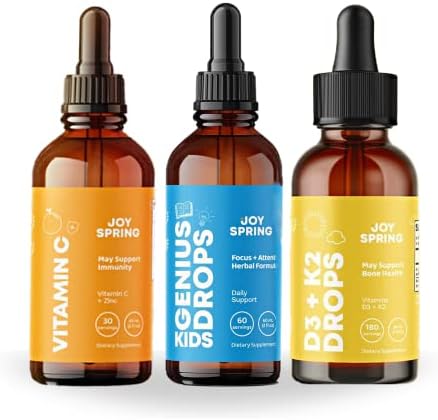JoySpring Vitamin C + Elderberry Drops + Zinc Supplements for Kids Immune Support, Genius Drops for Focus and Vitamin D for Kids Immune Support for Kids