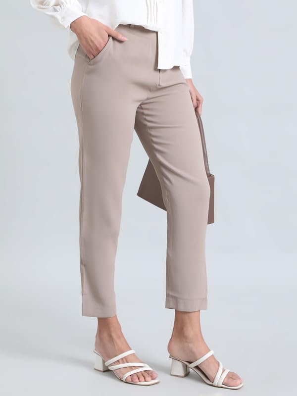 Image of GO COLORS Solid Formal Crepe Pants for Women | Mid Rise, Side Pocket