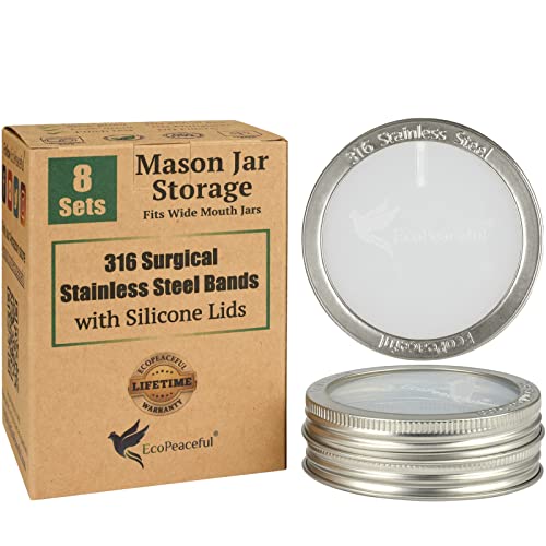 Image of 316 Surgical Stainless Steel Mason Jar Lids Wide Mouth (8 Canning Rings, 8 Silicone Inserts) - Airtight, Leak-proof, BPA-free, PVC-free, Vegan, Reusable Rust-proof Bands. Inserts - Not For Canning