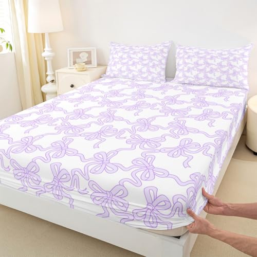 Image of Castle Fairy Cute Bow Bed Sheet Set for Kids,Purple Coquette Bowtie Sheets Set,Watercolor Ribbon Bowknot Preppy Style Home Decor Sheet Sets with Deep Pocket,Top Flat Sheet,Twin Size