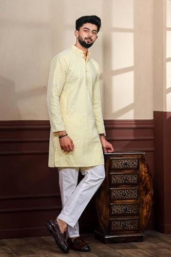 Image of LookMark Men's Printed Silk Blend Kurta with Mandarin Collar, Full Sleeves, Straight Fit Traditional Ethnic Wear