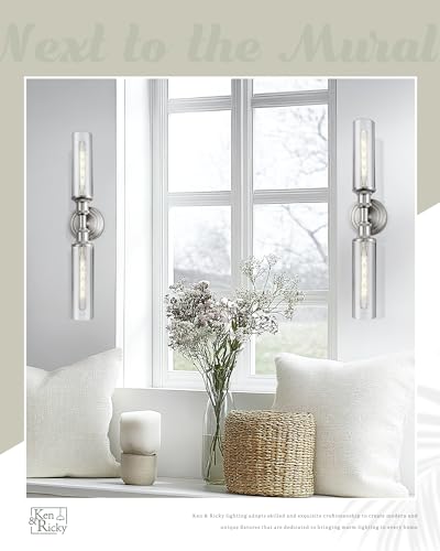 Image of Ken & Ricky Hardwired Modern 24 inch Wall Sconce,Brush Nickel | Clear Glass,Easy Install,Sconces Decor,1PK,Wall Light fixtures for Bathroom Mirror Living Room Hallway Bedroom