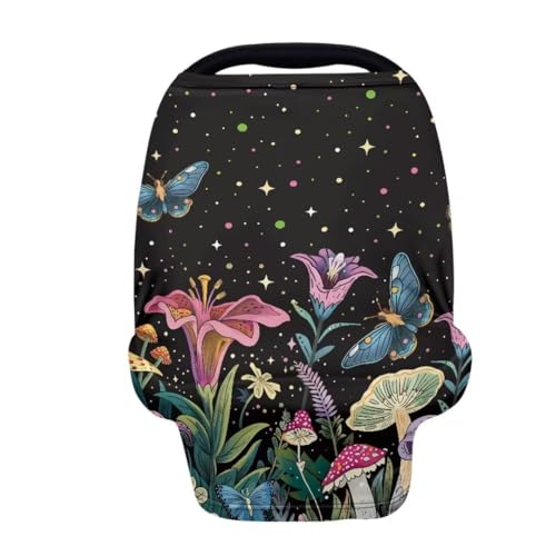 Image of Coldinair Mushroom Car Seat Cover for Babies Boys Girls,Floral Nursing Cover,Soft Stretchy Infant Carseat Canopy,Shopping Cart /High Chair /Stroller Covers