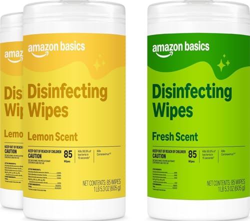 Image of Amazon Basics Disinfecting Wipes, Lemon & Fresh Scent, Sanitizes, Cleans, Disinfects & Deodorizes, 255 Count (3 Packs of 85), Packaging May Vary