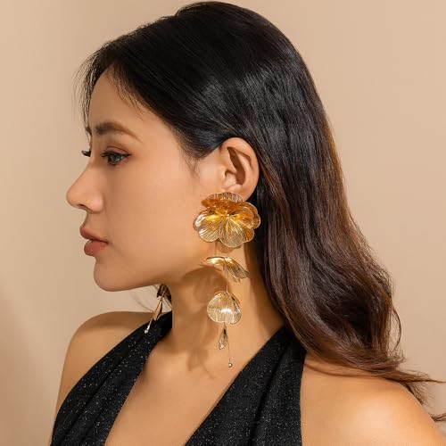 Gold Large Flower Earrings for Women Dangling Chunky Big Long Floral Dangle Statement Earring Trendy Layered Filigree Petal Earring Unique Weird Jewelry2