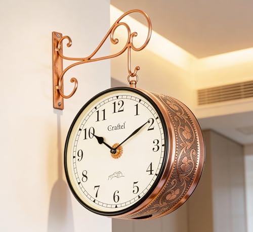 Image of CRAFTEL Double Sided Station Clock Electroplated | Both English Numerals | Aluminum Dial Brass Body | Handcrafted Jodhpur Gift for Home Hall Office | Dial - 10 Inches, Rose Gold | 365 Days Warranty