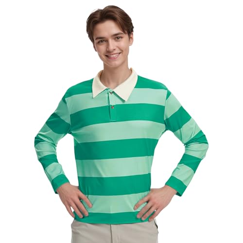 Adult Detective Green Striped Long Shirt Men's Blues Clues Steve Shirt for Halloween Cosplay (US, Alpha, Large, Regular, Regular, Green)