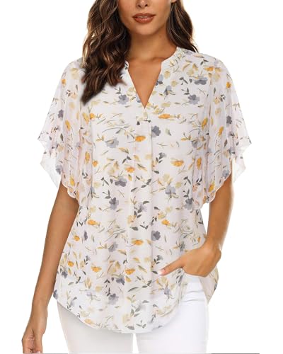 Image of Timeson Women's Short Sleeve V Neck Blouses Shirts Floral Double Layers Mesh Tunics Tops
