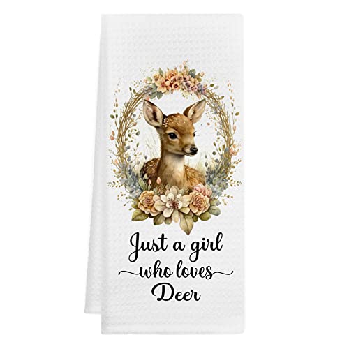 Gichugi Just A Girl Who Loves Deer Kitchen Towels And Dishcloths,Floral Deer Wreath Decorative Dish Towels Hand Towels Tea Towels,Deer Towel Decor For Bathroom Kitchen,Gift For Deer Lovers Girls #TOP26