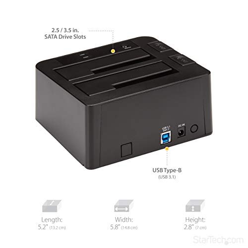 Image of StarTech.com Dual-Bay USB 3.1 to SATA Hard Drive Docking Station, USB 3.1 (10 Gbps), External 2.5 /3.5 inch SATA I /II /III, SSD /HDD Docking Station, Hot-Swap Hard Drive Bay, Top-Loading (SDOCK2U313) | SATA I /II /III (1.5 /3 /6Gbps), Top-loading toaster-style, Tool-less, Eject buttons, 5,000-cycle rated, Includes USB-A cable