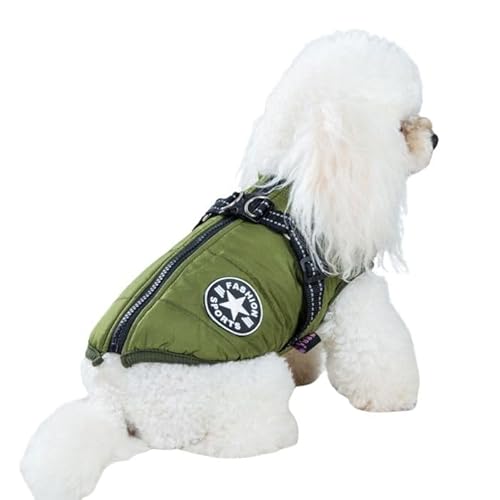犬 ジャケット ハーネス付き ベスト 背開き ドッグウェア 防寒コート ダウン 散歩 小型犬 中型犬 袖なし (グリーン, L)