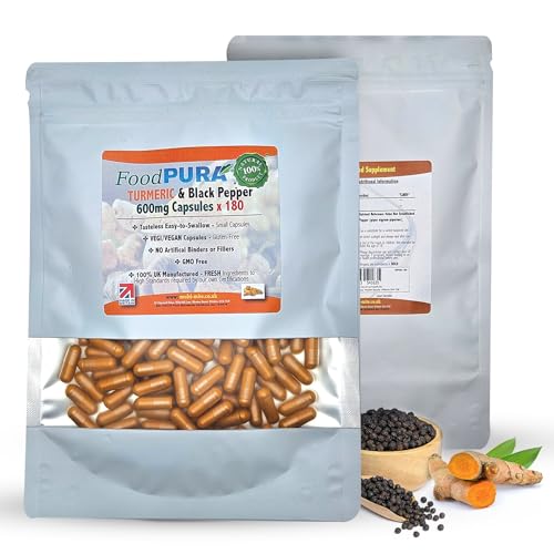 FoodPURA 180 X Turmeric with Black Pepper Capsules High Strength 600mg HACCP Certified, Manufactured in The UK by FoodPURA 1 Pack of 180 Capsules