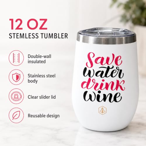 Image of Biddlebee Insulated Wine Tumblers with Lids, 2-Pack, Save Water Drink Wine | Stainless steel stemless glasses; hot or cold for hours; unbreakable outdoor and travel cups; funny gift for mom, bestie