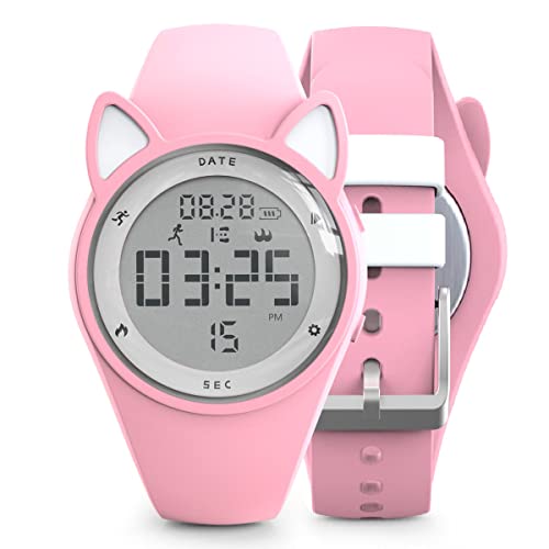 Focwony Kids Digital Watch, With Pedometer, Non-Bluetooth Fitness Tracker, Waterproof Watch, Alarm Clock, Stopwatch, Great Gift For For Teens Girls Boys (Pink/White) #TOP23