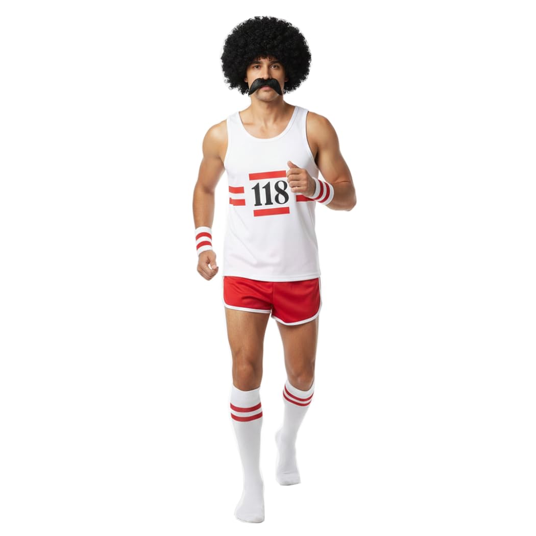RIDDLED WITH STYLE Unisex 118 Marathon Fancy Dress Costume Set Retro Sleeveless Vest Shorts Moustache Socks Wig Running Outfit Mens Womens Party Event Fun Run UK Sizes S-XL