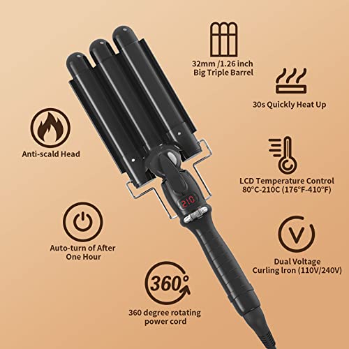 3 Barrel Curling Iron Wand,Dual Voltage Hair Crimper With Lcd Temp Display - 1.2 Inch Ceramic Tourmaline Triple Barrels, Temperature Adjustable Portable Hair Waver Heats Up Quickly #TOP3