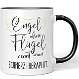 JUNIWORDS Tasse, Engel ohne Flügel nennt man Schmerztherapeut, Schwarz (5181816)