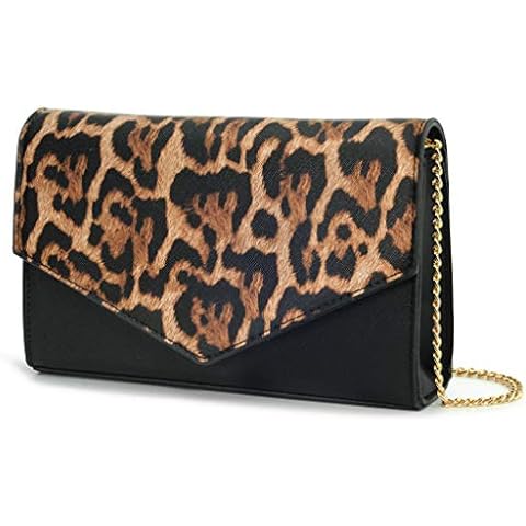 Minimalist Evening Envelope Clutch Chain Shoulder Bag Women Faux Leather Suede Purse, Black Leopard, S Cover