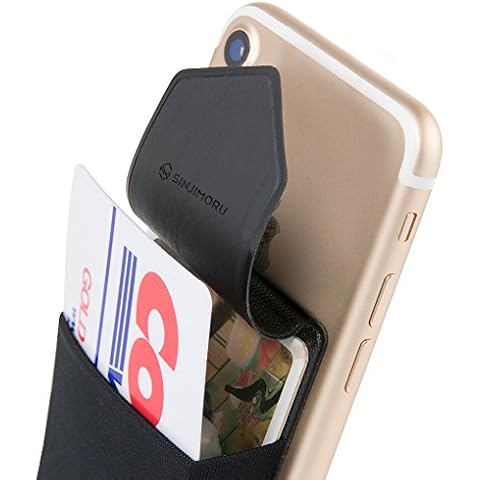 Sinjimoru Secure Card Holder for Back of Phone, Stretchy Fabric Cell Phone Wallet Stick On Credit Card Case for iPhone & Android. Sinji Pouch Flap Black Cover