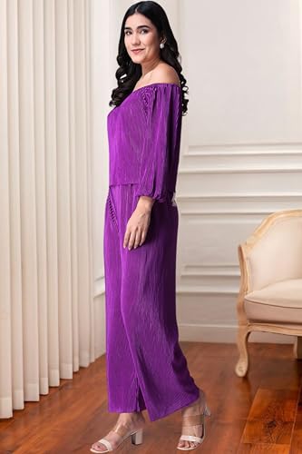Image of POPWINGS Casual Wrinkle Full Sleeves Off-Shoulder Top and Palazzo Co-ord Set for Women || Co-Ords Set for Women Stylish Western || Top and Palazzos Set for Women|| 2 Piece Set for Women