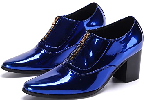 Santimon Mens Loafers Metallic Patent Leather Block-Heel Booties – Pointed-Toe Zipper Ankle Dress Shoes, Party Chunky Heels