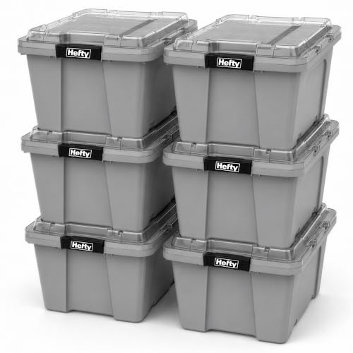 Image of Hefty 18 Gallon Storage Bin with Clear Lid, Heavy Duty Plastic Storage Container Stackable Tote for Garage Closet Home Organization, Large Storage Bin, 6 Pack, Grey