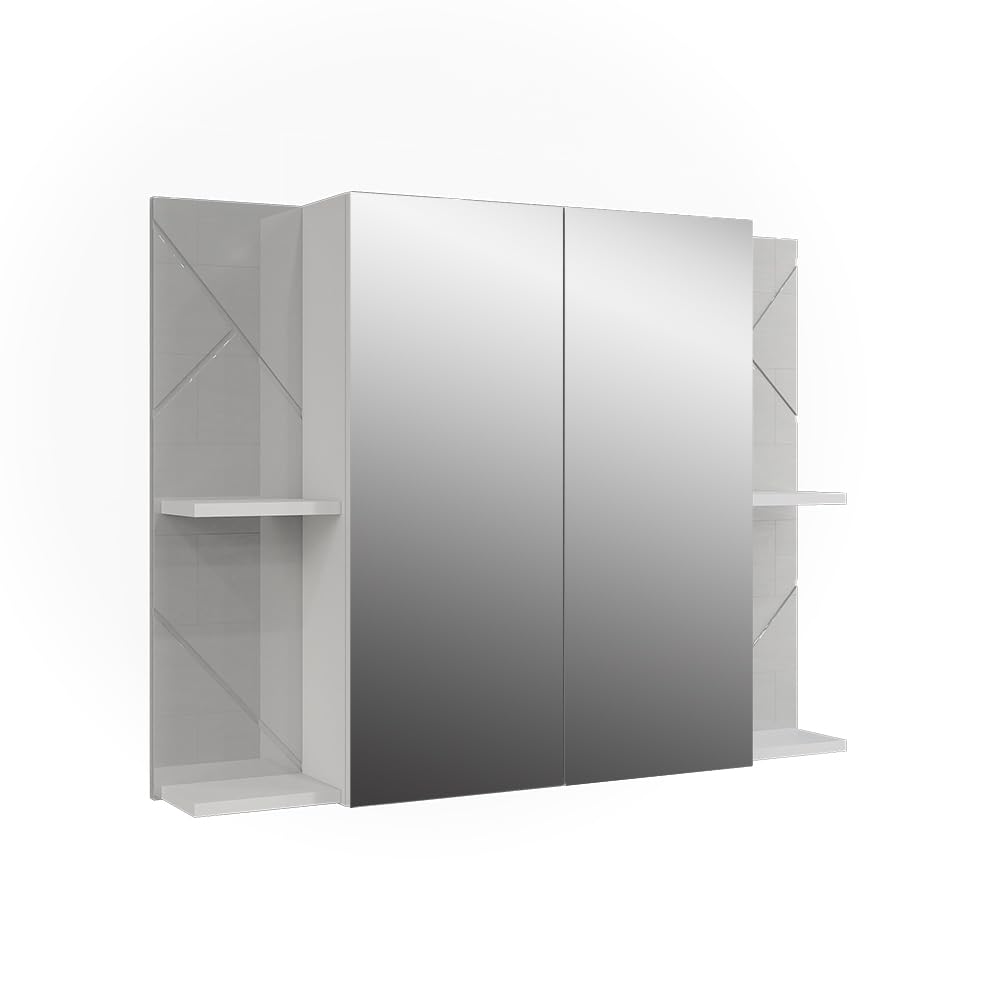 Vicco Mobile a specchio per il bagno Irma, Bianco/bianco lucido, 100 x 75 cm con 2 porte, con specchio e ripiani regolabili
