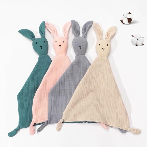 Image of ZIGJOY Bunny Lovey Muslin Cotton Baby Security Blanket Soft Breathable Lovies for Babies Gifts for Newborn Infant Toddler Boys and Girls, Blue