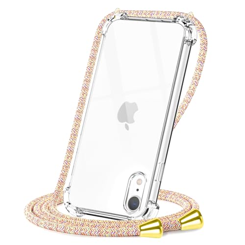 CAROKI Crossbody Case for Apple iPhone XR,Necklace Mobile Phone Cover with Cord Strap for iPhone XR,Clear Transparent TPU Soft iPhone XR Cover Holder with Neck Cord Lanyard Strap-Rainbow