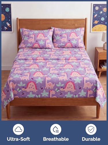 Image of Kids Queen Size Pink Dinos Bed Sheets - 4 Piece Kids Pink Dinos Sheet Set | Pink Dinos Themed Bedding, Ultra-Soft, Cute & Cozy, Breathable & Machine Washable, Bed Set for Boys, Girls & Teens & Cooling