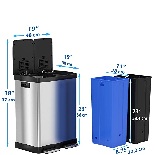 Itouchless 16 Gallon Dual Step Trash Can & Recycle, Stainless Steel Lid And Bin Body With Handle, Includes 2 X 8 Gallon (60L) Removable Buckets Are Color-Coded, Soft-Close And Airtight Lid, Silver #TOP5