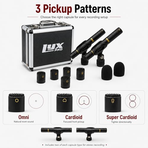 Image of LyxPro SDPC-2 Stereo Pair Small Diaphragm Condenser Microphones, XLR Pencil Mic Set with Omni, Cardioid & Super Cardioid Capsules for Acoustic Guitar, Drums, Piano & Studio Recording