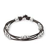 Dunkelbraunes mehrreihiges Lederarmband mit Edelstahlanhängern und klaren Glassteinen - Knopfverschluß