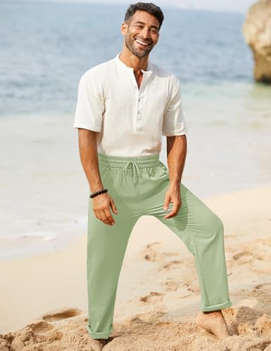 Image of iWoo Linen Pants Men Casual 2025 Summer Beach Elastic Drawstring Waist Yoga Pants Travel Baggy Work Pant Pajama