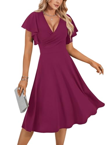 Image of LYANER Women's Warp V Neck Ruffle Short Sleeve A Line Swing Flared Cocktail Party Midi Dress