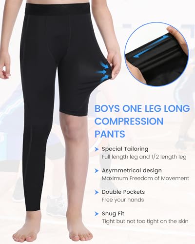 Hotfiary Youth Boys One Leg Compression Pants for Basketball Long Leggings Sports Tights Kids Athletic Soccer Base Layer3