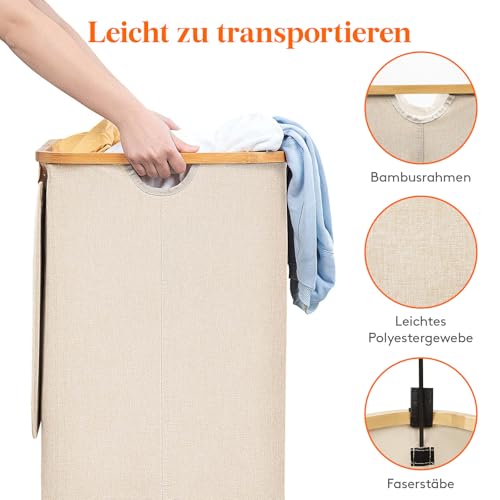 Lifewit 2-Fächer Wäschekorb mit Deckel, 120L großer faltbarer Wäschekorb mit Bambusgriffen und abnehmbarem Wäschesack für Schlafzimmer, Badezimmer und Haushalt, Beige