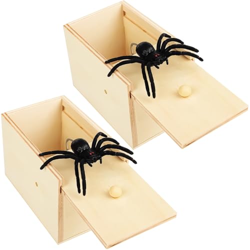 Pipihome Spider Scare Prank Box 2 Pack Spider In A Box Prank Wooden Fake Spider Prank Toys Novelty Joke Toy Pranks for Kids Adults Halloween Birthday Christmas Parties