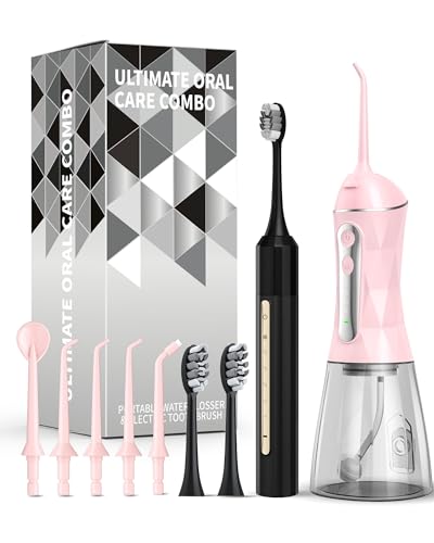 Lumivoid Combo de hilo dental y cepillo de dientes eléctrico, kit de limpieza oral 2-1, cepillo de dientes eléctrico sónico de 5 velocidades y irrigador dental portátil de 4 velocidades para limpiar