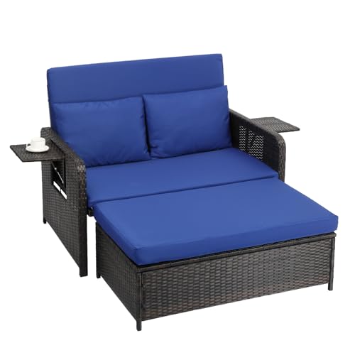 VINGLI Patio Daybed, Wicker Outdoor Daybed with Storage Ottoman & 5-Level Adjustable Backrest, All-Weather Rattan Cushioned Patio Loveseat Sofa for Garden Balcony Backyard (Navy, Brown)