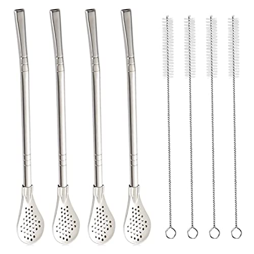 Paquete de 4 cucharas de filtro de paja de acero inoxidable extraíbles y 4 cepillos de limpieza,...