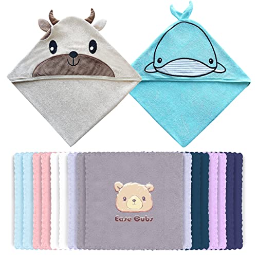 Image of Ease Cubs 18-Piece Baby Hooded Bath Towel Rayon Derived from Bamboo and Microfiber Washcloth Sets for Infant, Toddler - Cattle, Whale