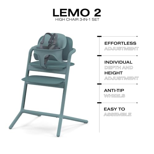 Image of Cybex LEMO High Chair 3-in-1 Set with Baby Set + Snack Tray - Modern Design, One-Hand Depth & Height Adjustment & Anti-Tip Wheels - from 6 Months, Convertible to Adult Chair, Stone Blue
