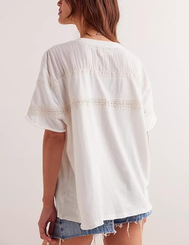 Yidarer Women Summer Oversized Lace Cotton Tops Crew Neck Short Sleeve Cute Shirts Casual Boho Crochet Blouses3