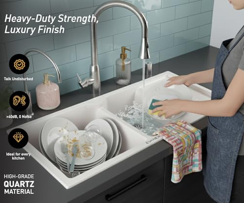 Image of EVANEX Quartz Sink for Kitchen | 45x20x9 inch Double Bowl Kitchen Sink with Drain Board | Matt Finish | Rosa Quartz Kitchen Sink with Sink Connector, Waste Pipe, Coupling and Drain Basket