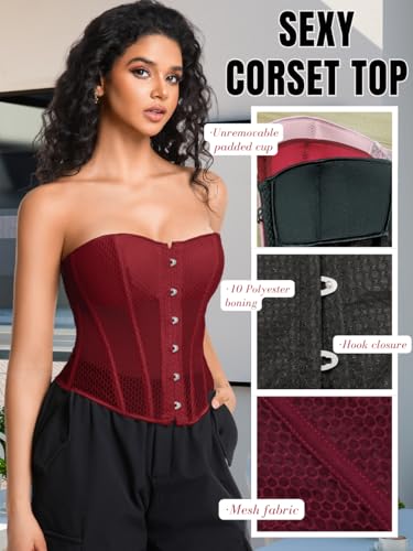 Mesh Overbust Corset Tops for Women, Lace Up Strapless Boned Corsets, Going Out Party Club Top2